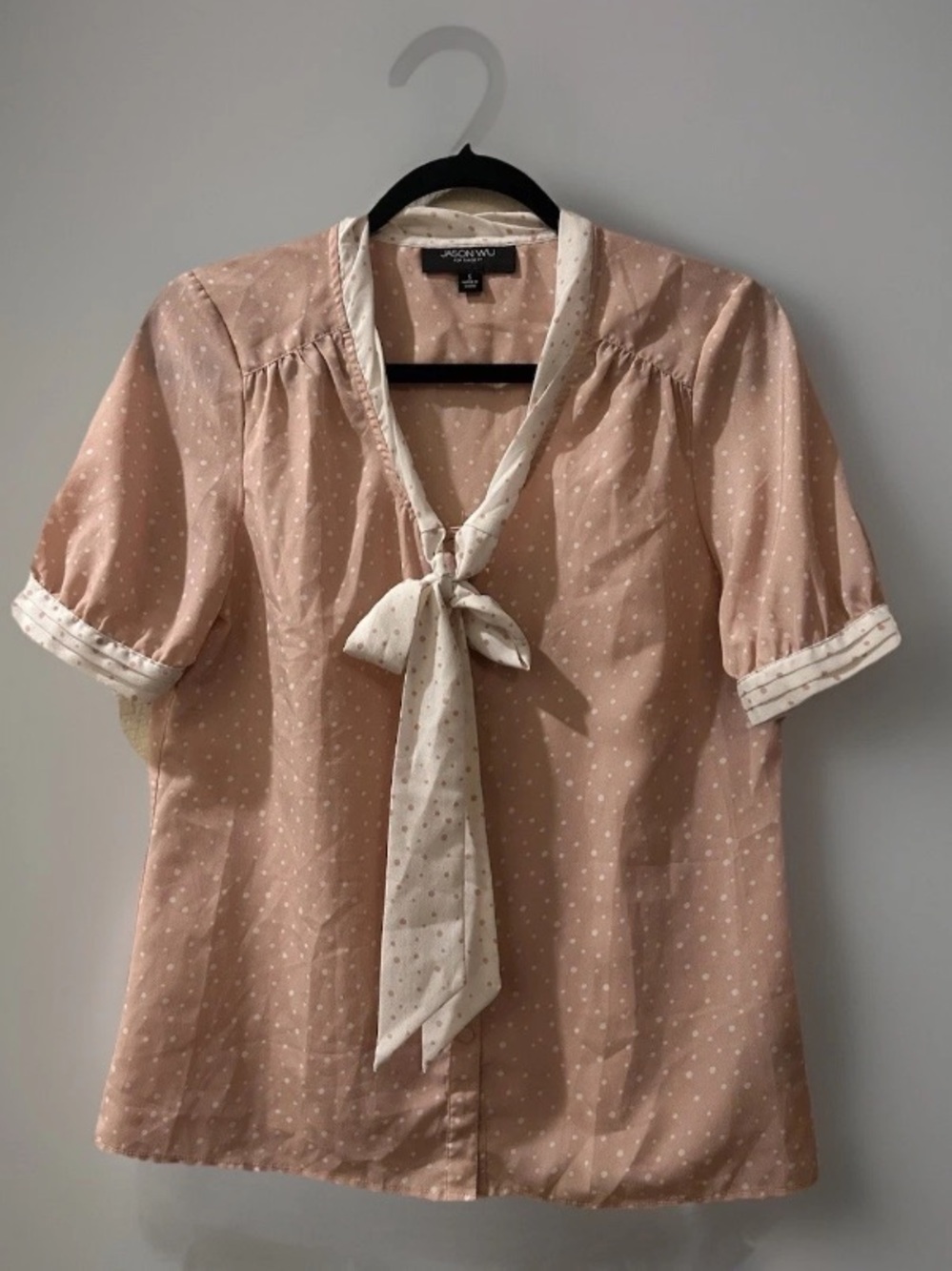 Jason Wu Pink Polka Dot Tie-Neck Blouse with Cream Trim Retro Inspired Spring S